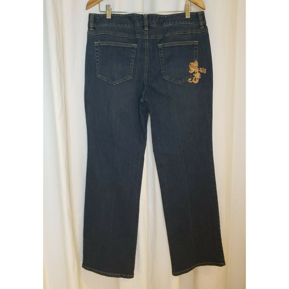 Ann Taylor Loft Gold Embroidered Blue Jeans 12 Bootleg Boot Cut EUC - Picture 2 of 5